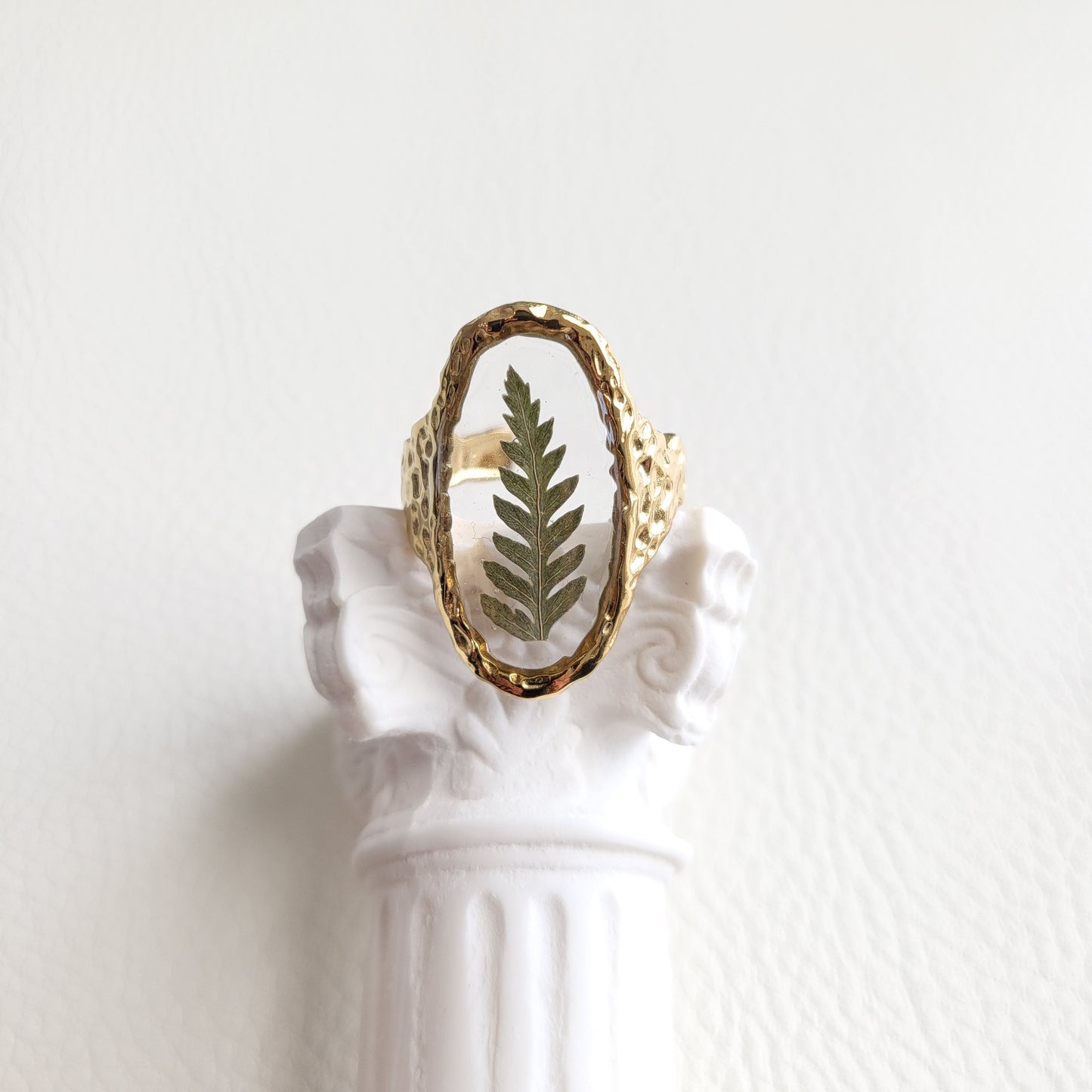 Handmade Pressed Fern Leaf Statement Resin Ring Gold/Silver