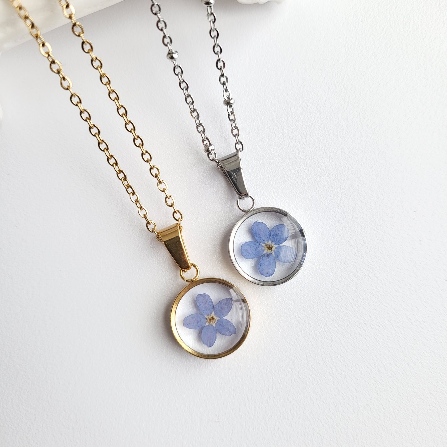 Forget Me Not Flower with Mustard Seed Necklace (Gold or Silver)