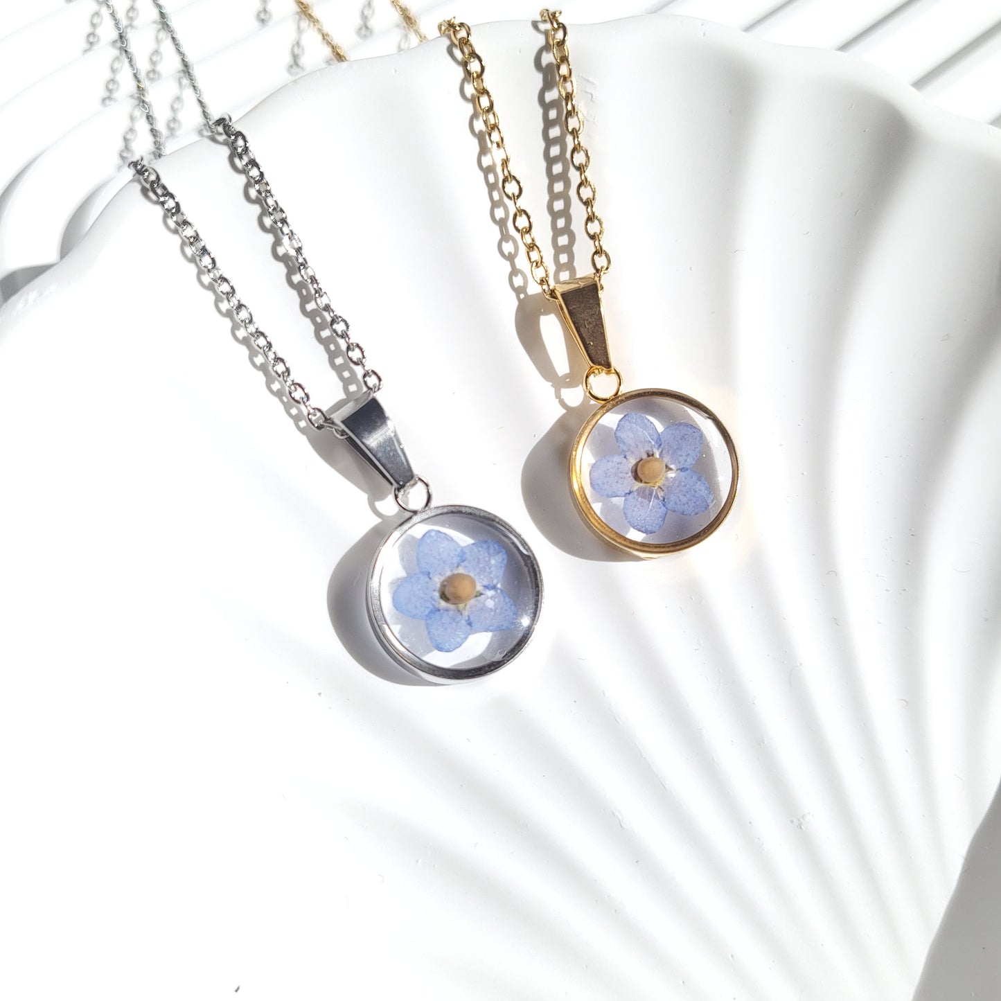Forget Me Not Flower with Mustard Seed Necklace (Gold or Silver)