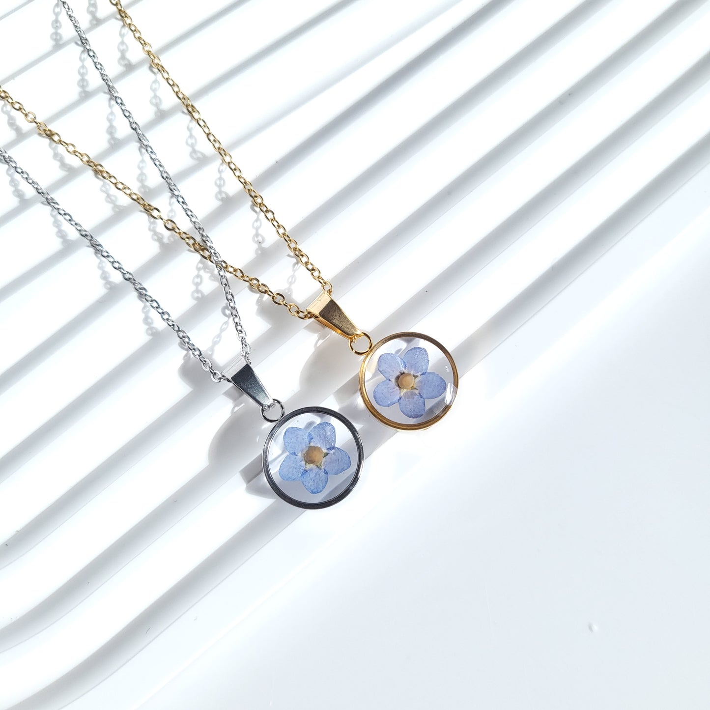 Forget Me Not Flower with Mustard Seed Necklace (Gold or Silver)