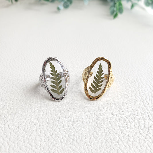Handmade Pressed Fern Leaf Statement Resin Ring Gold/Silver
