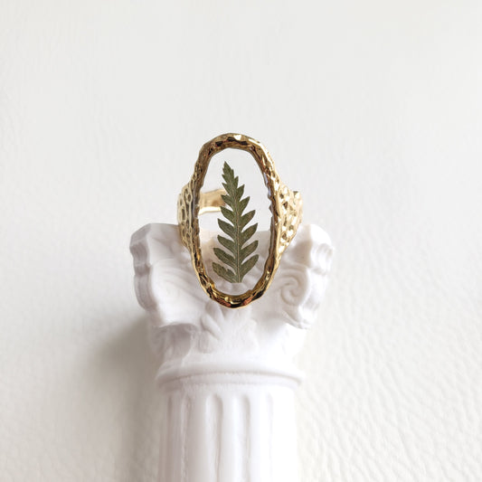 Handmade Pressed Fern Leaf Statement Resin Ring Gold/Silver