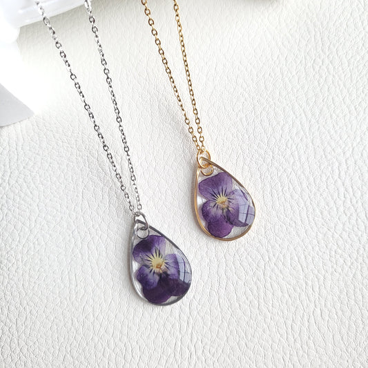 February Birth Flower Violet Pansy Necklace (Gold or Silver)