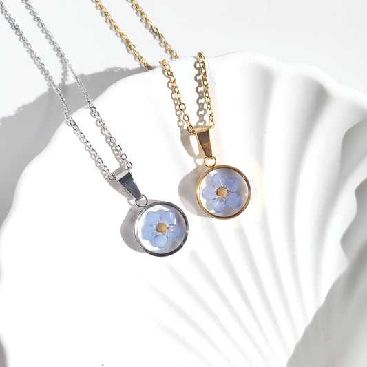 Forget Me Not Flower with Mustard Seed Necklace (Gold or Silver)