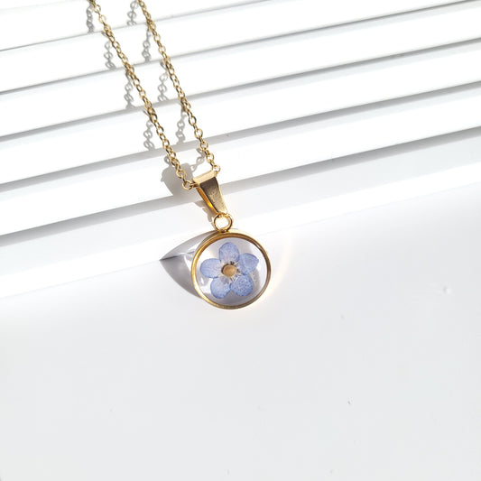 Forget Me Not Flower with Mustard Seed Necklace (Gold or Silver)