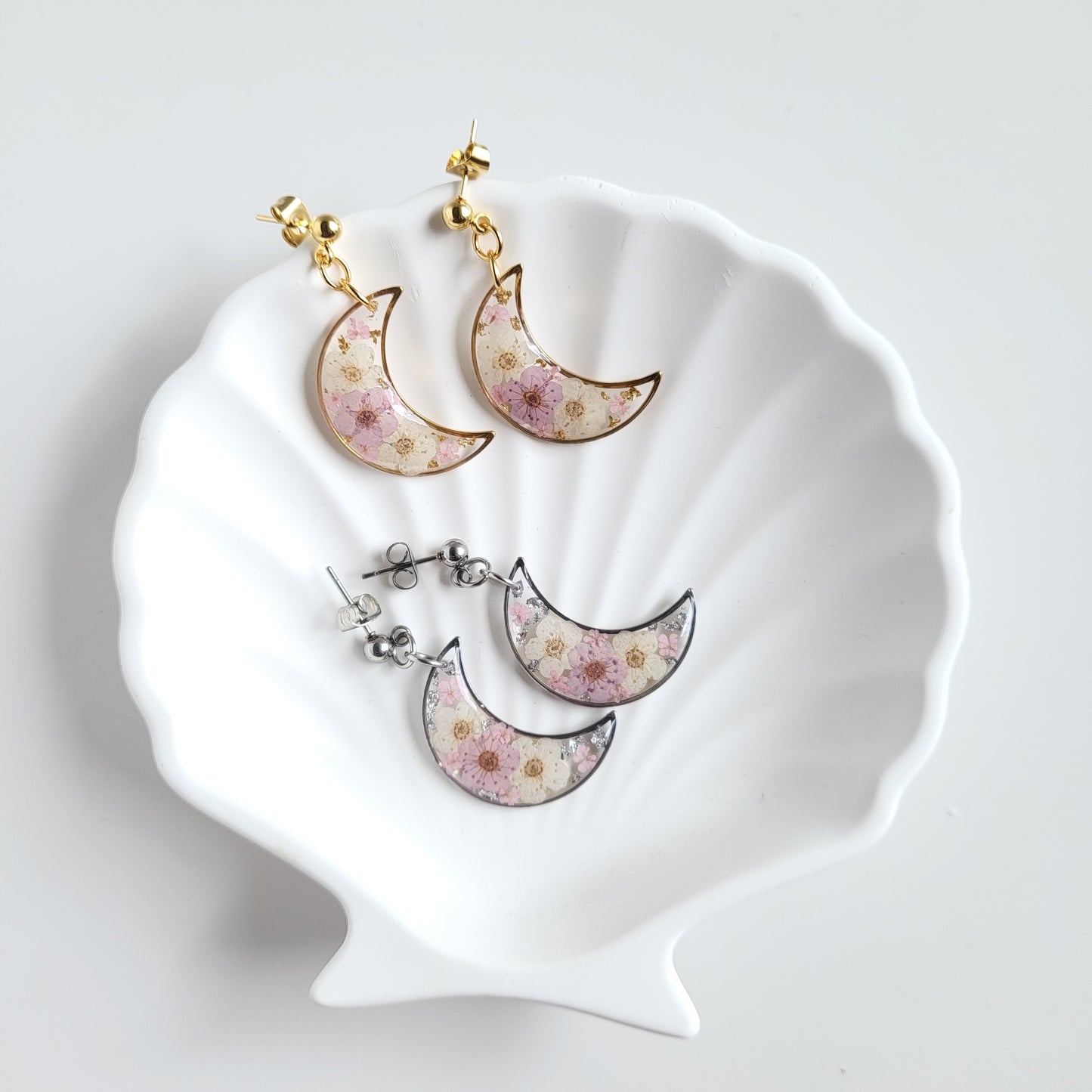 Handmade Pressed Flower Celestial Moon Earrings