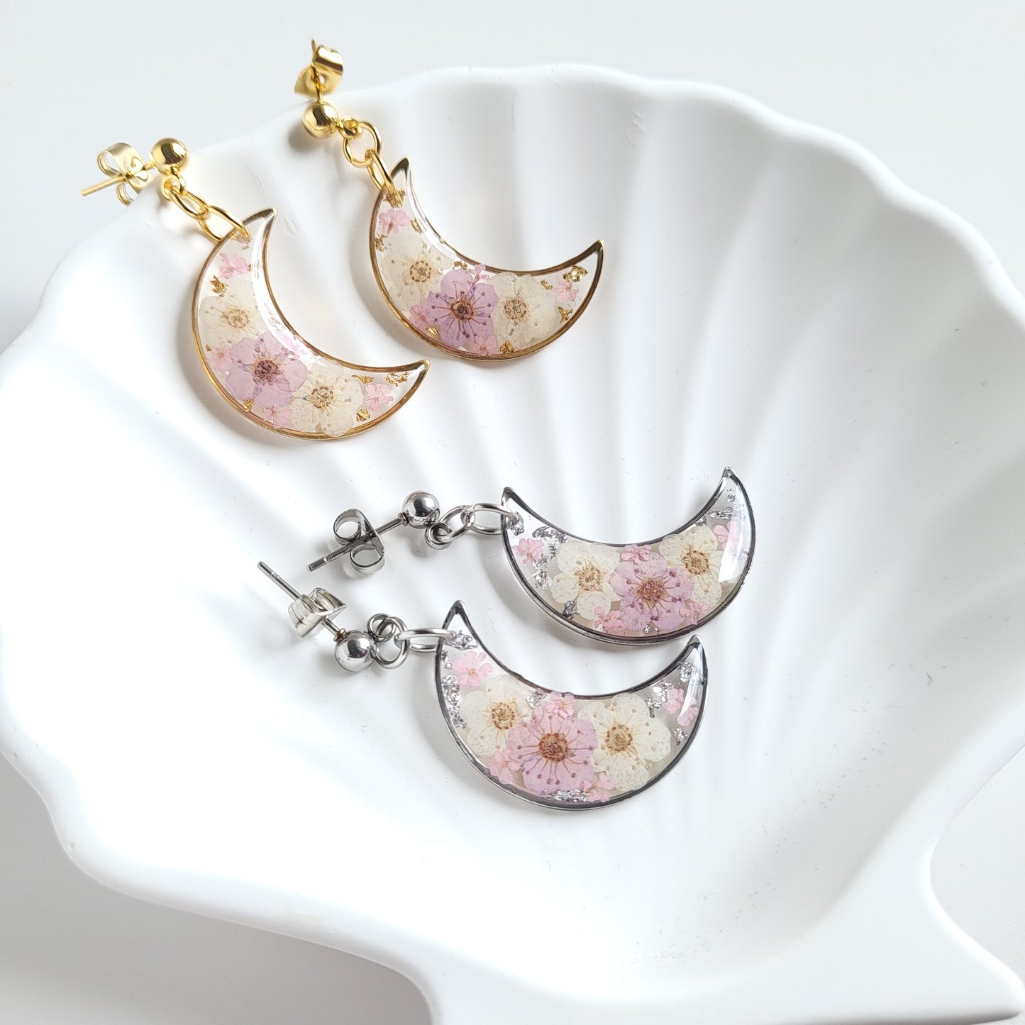 Handmade Pressed Flower Celestial Moon Earrings