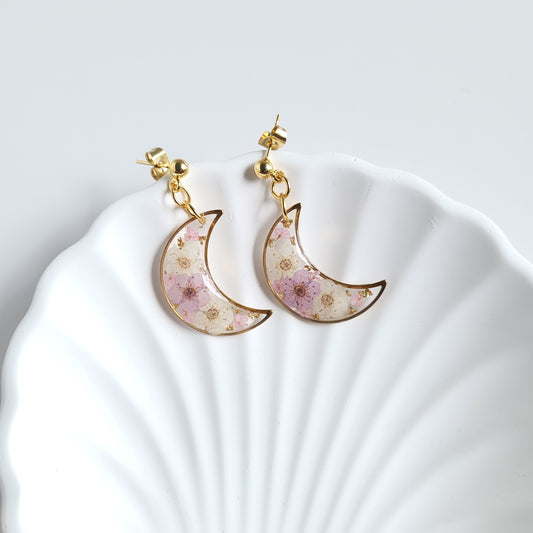 Handmade Pressed Flower Celestial Moon Earrings
